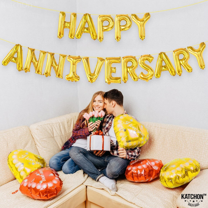 Set Baloane din Folie Metalizata, Flippy, Model Happy Anniversary, Litere de 40 cm, Baloane Party, Ambalaj Individual, Pai Inclus, Umflare cu Aer sau Heliu, Auriu [6]