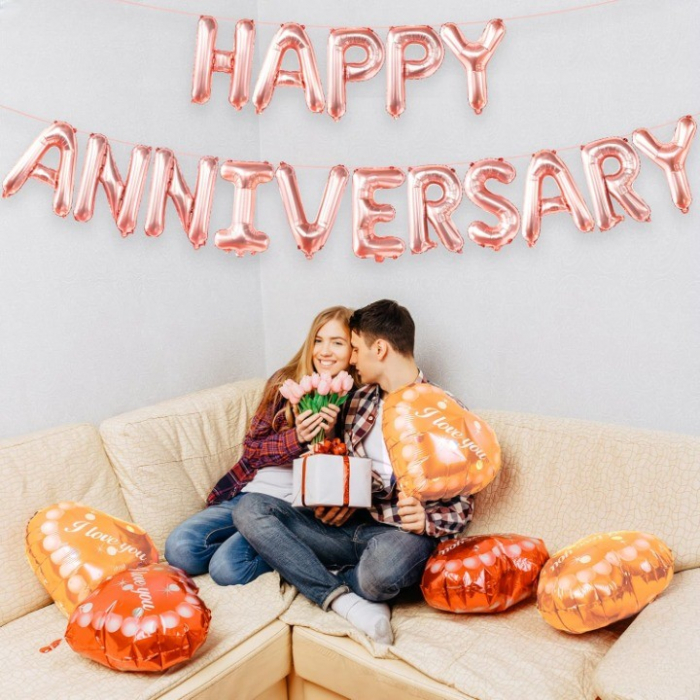 Set Baloane din Folie Metalizata, Flippy, Model Happy Anniversary, Litere de 40 cm, Baloane Party, Ambalaj Individual, Pai Inclus, Umflare cu Aer sau Heliu, Roz [5]