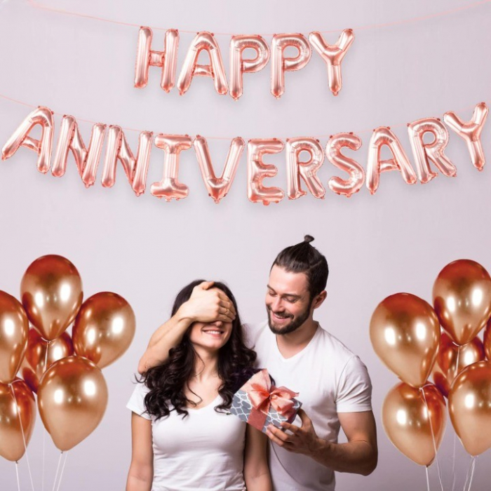 Set Baloane din Folie Metalizata, Flippy, Model Happy Anniversary, Litere de 40 cm, Baloane Party, Ambalaj Individual, Pai Inclus, Umflare cu Aer sau Heliu, Roz [2]