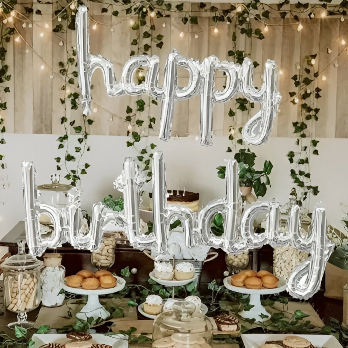 Set Baloane din Folie Metalizată, Flippy, Model Happy Birthday, 45x85 cm, 45x124cm, Baloane Party, Ambalaj Individual, Pai inclus, Umflare cu Aer sau Heliu, Argintiu [4]