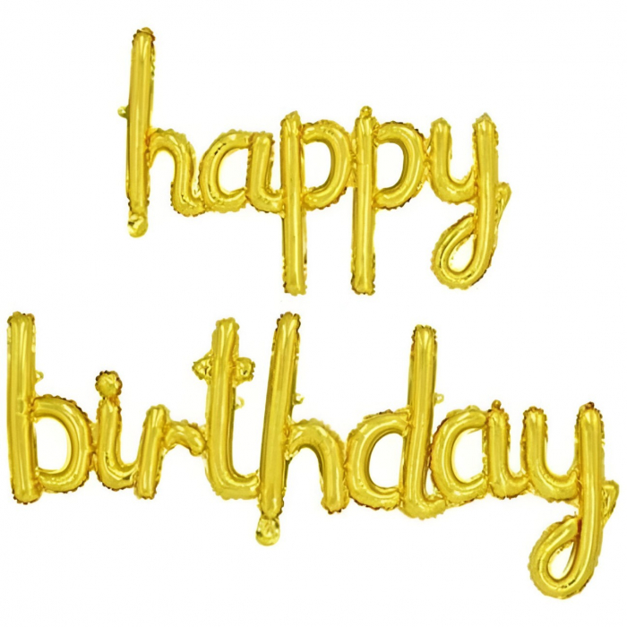 Set Baloane din Folie Metalizată, Flippy, Model Happy Birthday, 45x85 cm, 45x124cm, Baloane Party, Ambalaj Individual, Pai inclus, Umflare cu Aer sau Heliu, Gold [1]