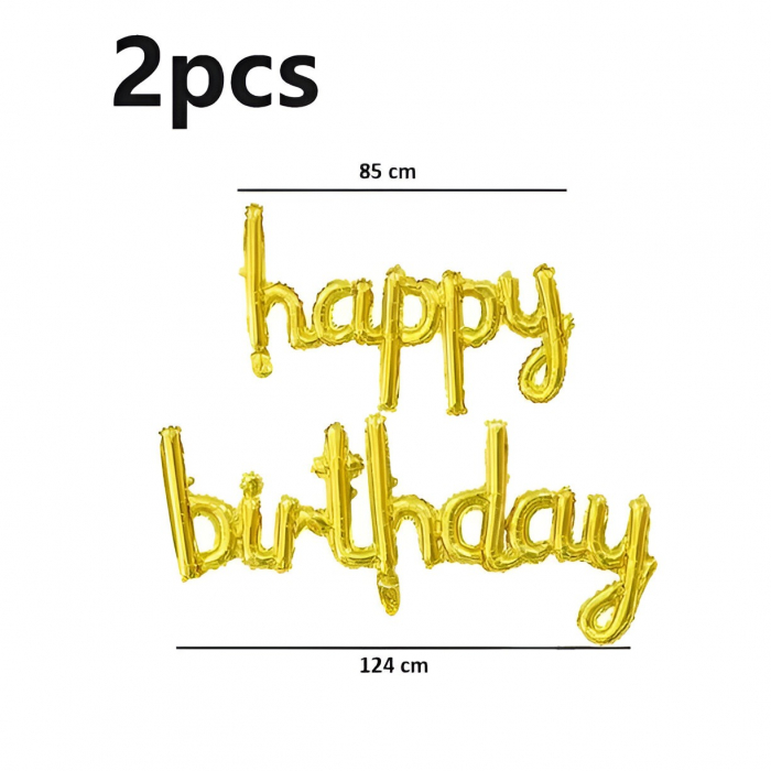 Set Baloane din Folie Metalizată, Flippy, Model Happy Birthday, 45x85 cm, 45x124cm, Baloane Party, Ambalaj Individual, Pai inclus, Umflare cu Aer sau Heliu, Gold [6]