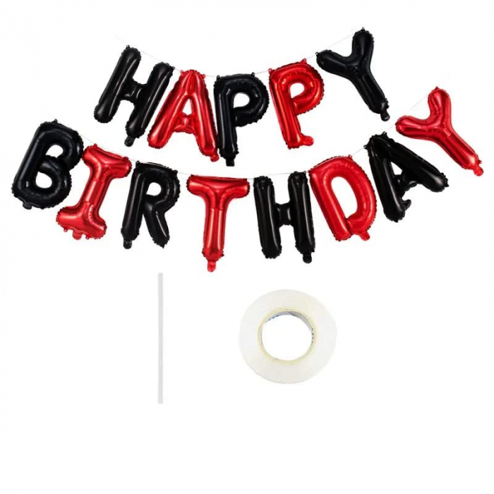 Set Baloane din Folie Metalizata, Flippy, Model Happy Birthday, Litere de 40 cm, Baloane Party, Ambalaj Individual, Pai, Ata si Adeziv Incluse, Umflare cu Aer sau Heliu, Rosu-Negru [2]
