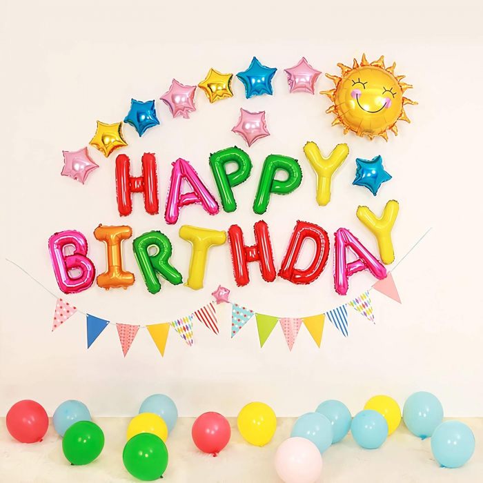 Set Baloane din Folie Metalizata, Flippy, Model Happy Birthday, Litere de 40 cm, Baloane Party, Ambalaj Individual, Pai, Ata si Adeziv Incluse, Umflare cu Aer sau Heliu, Multicolor [5]