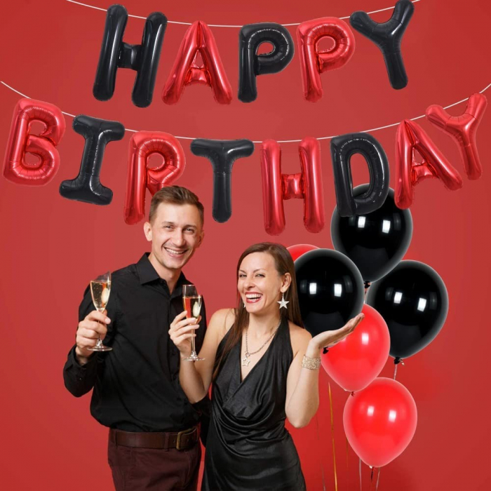 Set Baloane din Folie Metalizata, Flippy, Model Happy Birthday, Litere de 40 cm, Baloane Party, Ambalaj Individual, Pai, Ata si Adeziv Incluse, Umflare cu Aer sau Heliu, Rosu-Negru [3]