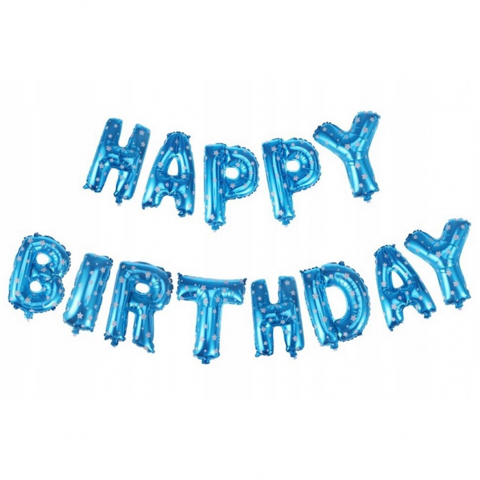 Set Baloane din Folie Metalizata, Flippy, Model Happy Birthday, Litere de 40 cm, Baloane Party, Ambalaj Individual, Pai, Ata si Adeziv Incluse, Umflare cu Aer sau Heliu, Albastru [2]