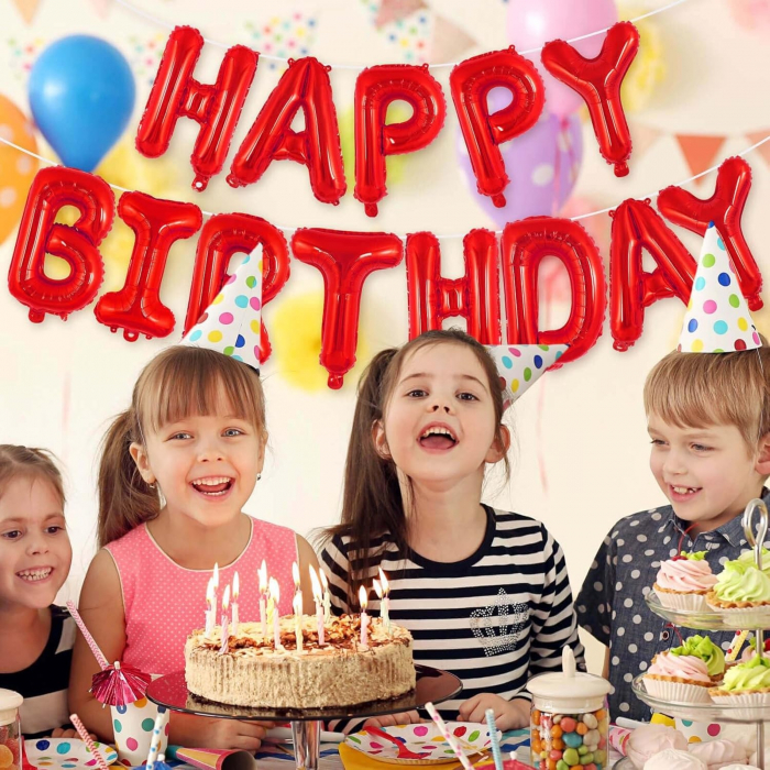 Set Baloane din Folie Metalizata, Flippy, Model Happy Birthday, Litere de 40 cm, Baloane Party, Ambalaj Individual, Pai, Ata si Adeziv Incluse, Umflare cu Aer sau Heliu, Rosu [2]