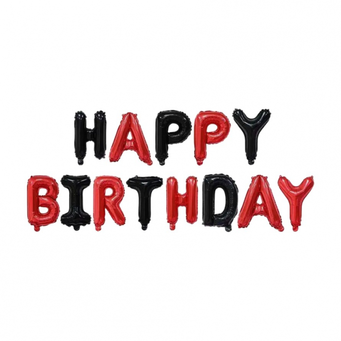 Set Baloane din Folie Metalizata, Flippy, Model Happy Birthday, Litere de 40 cm, Baloane Party, Ambalaj Individual, Pai, Ata si Adeziv Incluse, Umflare cu Aer sau Heliu, Rosu-Negru [1]