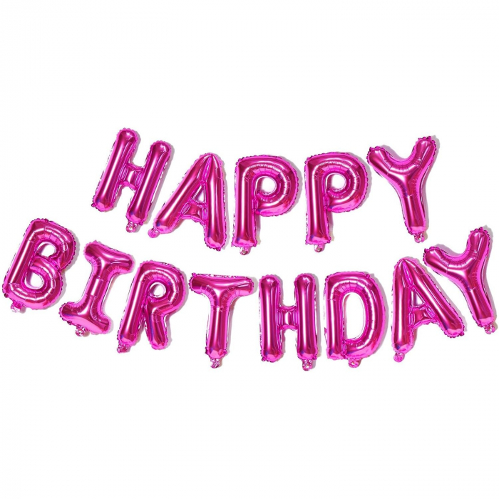 Set Baloane din Folie Metalizata, Flippy, Model Happy Birthday, Litere de 40 cm, Baloane Party, Ambalaj Individual, Pai, Ata si Adeziv Incluse, Umflare cu Aer sau Heliu, Mov [2]
