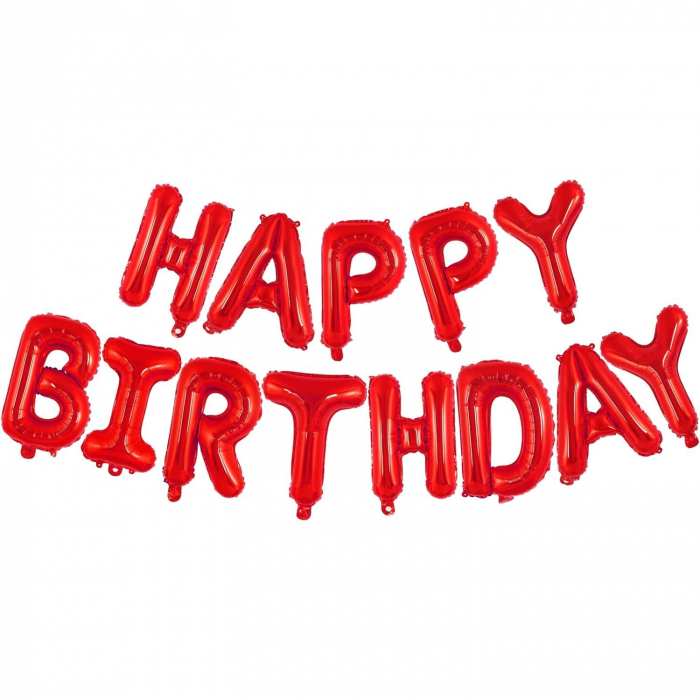 Set Baloane din Folie Metalizata, Flippy, Model Happy Birthday, Litere de 40 cm, Baloane Party, Ambalaj Individual, Pai, Ata si Adeziv Incluse, Umflare cu Aer sau Heliu, Rosu [6]