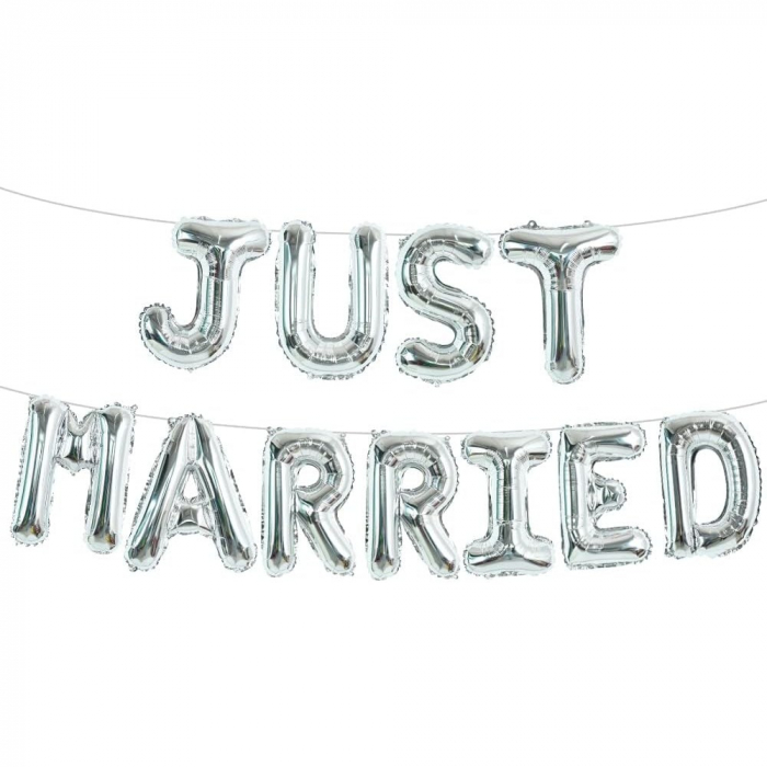 Set Baloane din Folie Metalizata, Flippy, Model Just Married, Litere de 40 cm, Baloane Party, Ambalaj Individual, Pai, Ata si Adeziv Incluse, Umflare cu Aer sau Heliu, Argintiu [8]