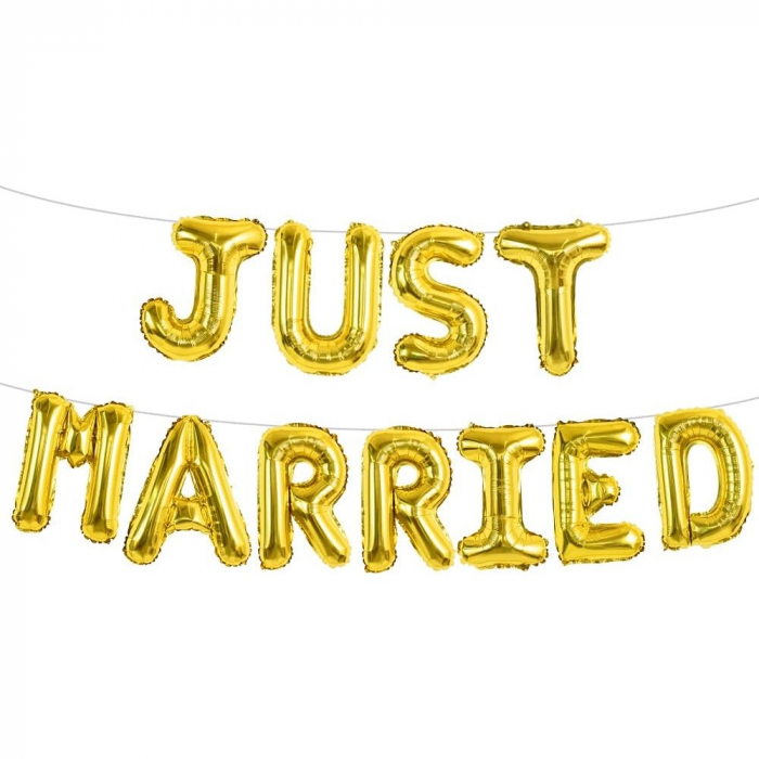 Set Baloane din Folie Metalizata, Flippy, Model Just Married, Litere de 40 cm, Baloane Party, Ambalaj Individual, Pai, Ata si Adeziv Incluse, Umflare cu Aer sau Heliu, Auriu [6]