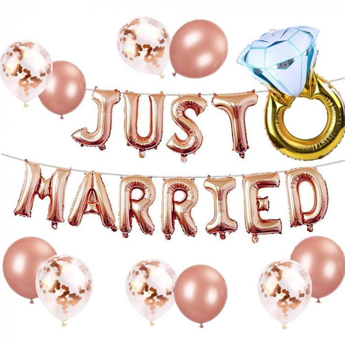 Set Baloane din Folie Metalizata, Flippy, Model Just Married, Litere de 40 cm, Baloane Party, Ambalaj Individual, Pai, Ata si Adeziv Incluse, Umflare cu Aer sau Heliu, Roz [7]