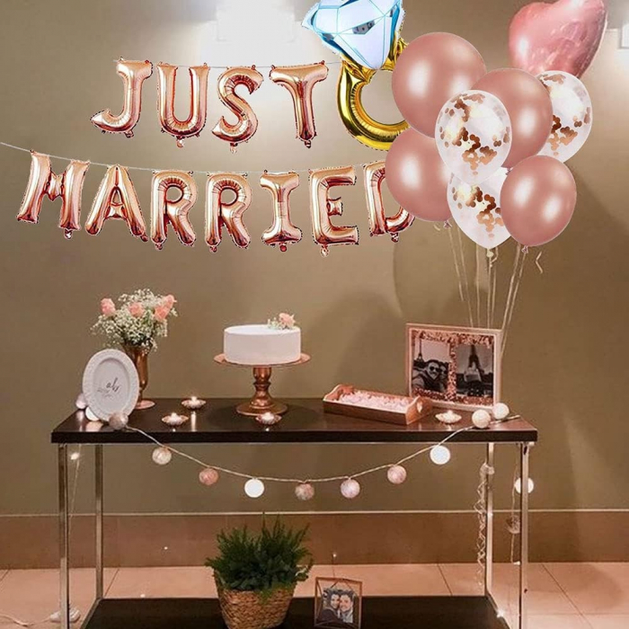 Set Baloane din Folie Metalizata, Flippy, Model Just Married, Litere de 40 cm, Baloane Party, Ambalaj Individual, Pai, Ata si Adeziv Incluse, Umflare cu Aer sau Heliu, Roz [5]