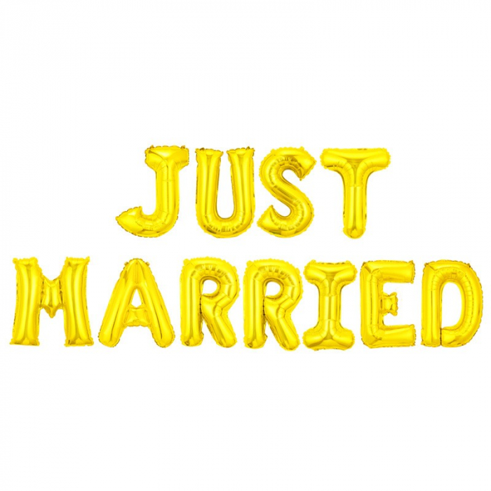 Set Baloane din Folie Metalizata, Flippy, Model Just Married, Litere de 40 cm, Baloane Party, Ambalaj Individual, Pai, Ata si Adeziv Incluse, Umflare cu Aer sau Heliu, Auriu [1]