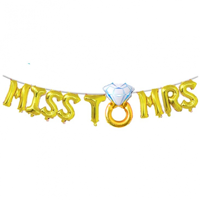 Set Baloane din Folie Metalizata, Flippy, Model Miss to Mrs cu Inel de Logodna, Litere de 40 cm, Tema Iubire, Baloane Party, Ambalaj Individual, Pai Inclus, Umflare cu Aer sau Heliu, Auriu [5]