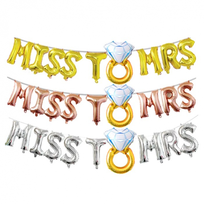 Set Baloane din Folie Metalizata, Flippy, Model Miss to Mrs cu Inel de Logodna, Litere de 40 cm, Tema Iubire, Baloane Party, Ambalaj Individual, Pai Inclus, Umflare cu Aer sau Heliu, Roz [3]