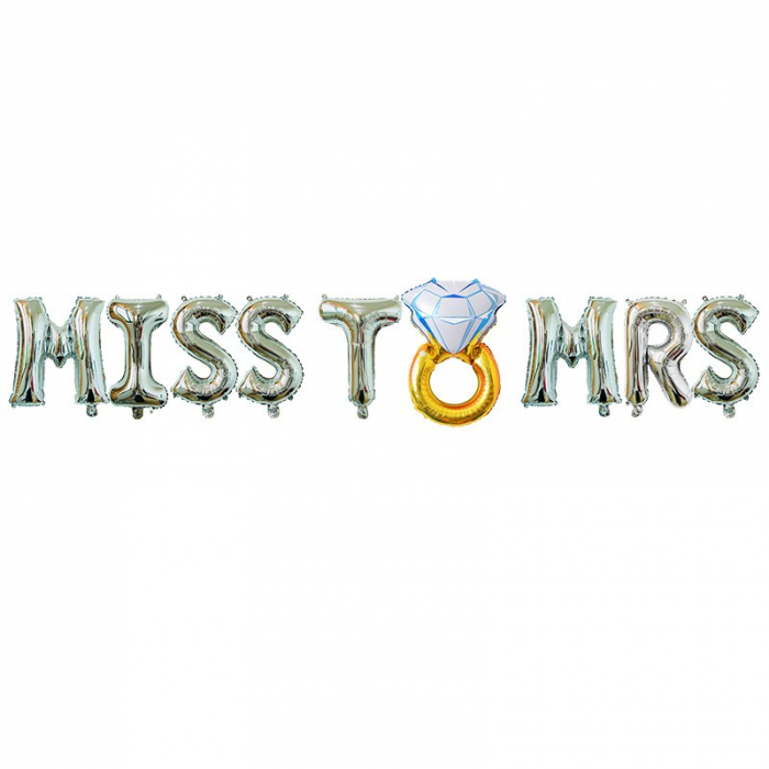 Set Baloane din Folie Metalizata, Flippy, Model Miss to Mrs cu Inel de Logodna, Litere de 40 cm, Tema Iubire, Baloane Party, Ambalaj Individual, Pai Inclus, Umflare cu Aer sau Heliu, Argintiu [1]