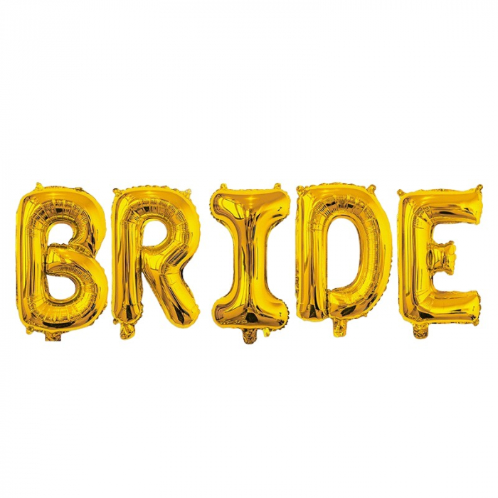 Set Baloane din Folie Metalizata, Flippy, Model Scris Bride, Litere de 100 cm, Tema Iubire, Baloane Party, Ambalaj Individual, Pai Inclus, Umflare cu Aer sau Heliu, Auriu [1]