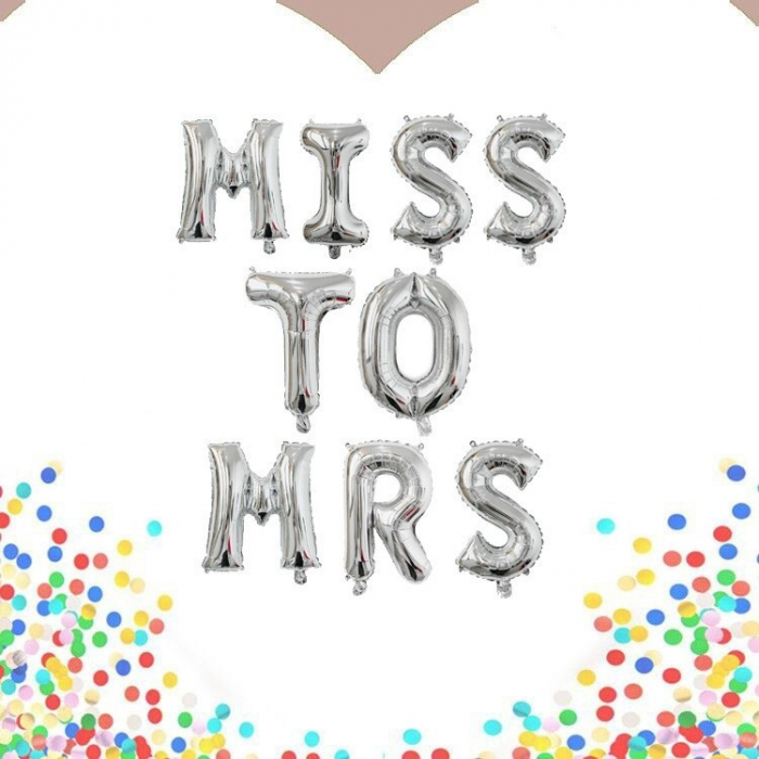 Set Baloane din Folie Metalizata, Flippy, Model Scris Miss to Mrs, Litere de 40 cm, Tema Iubire, Baloane Party, Ambalaj Individual, Pai Inclus, Umflare cu Aer sau Heliu, Argintiu [2]