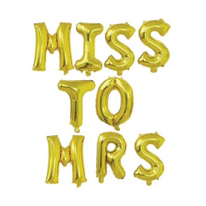 Set Baloane din Folie Metalizata, Flippy, Model Scris Miss to Mrs, Litere de 40 cm, Tema Iubire, Baloane Party, Ambalaj Individual, Pai Inclus, Umflare cu Aer sau Heliu, Auriu [1]