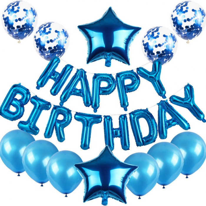 Set baloane din folie metalizată și baloane din latex, baloane folie Happy Birthday, 4 baloane latex Confetti, 6 baloane latex Albastru, 2 baloane folie Steluță, 40cm, Albastru [1]