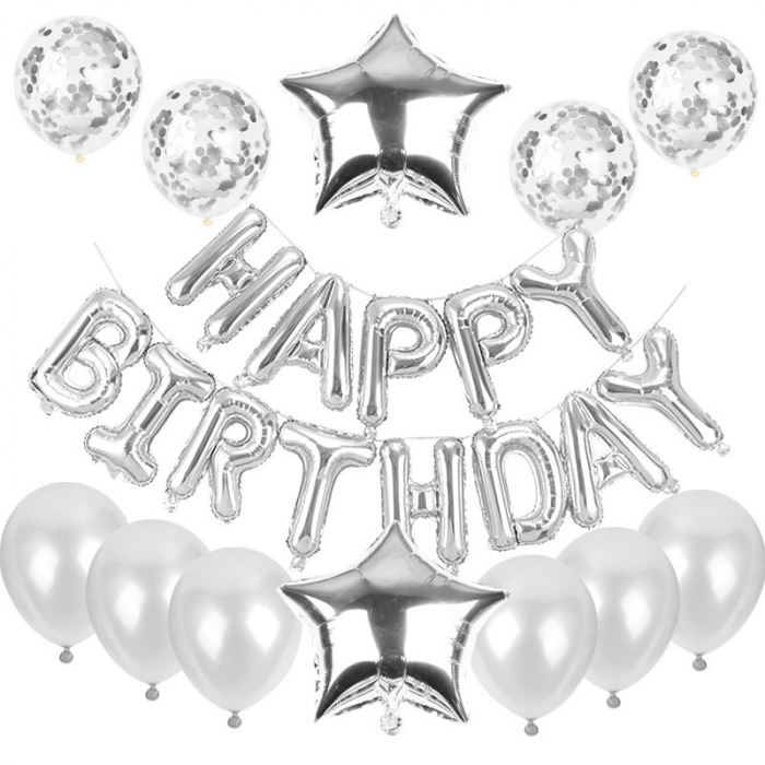 Set baloane din folie metalizată și baloane din latex, baloane folie Happy Birthday, 4 baloane latex Confetti, 6 baloane latex Argintiu, 2 baloane folie Steluță, 40cm, Argintiu [1]