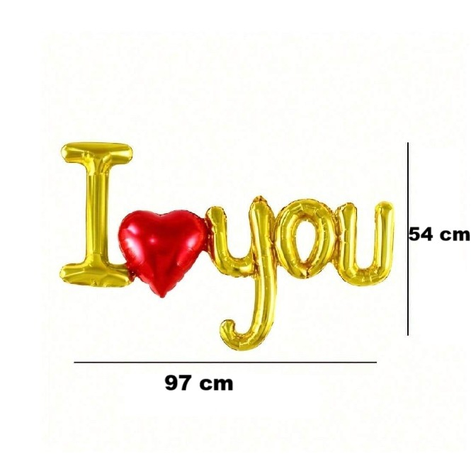 Set Baloane Folie Metalizata, Flippy, Model I LOVE YOU cu Inimioara, 54x97 cm, Tematica Ziua Îndrăgostiților, Ambalaj Individual, Pai Inclus, Umflare cu Aer sau Heliu, Auriu [6]