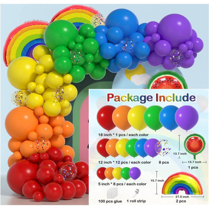 Baloane decorative pentru PETRECERE, Flippy, Arcada Set MIX din 107 baloane, pentru Evenimente, Aniversari, Model Curcubeu, Rainbow, Multicolor [1]