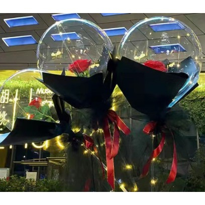 Set Buchet Decorativ, Flippy, Trandafir in Balon cu Lumini Led, Diametru 35 cm, 2 x Baterii AA (neincluse), Rosu/Negru [1]