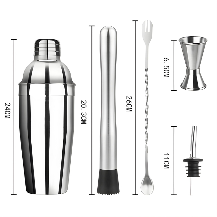 Set Barman Preparare Cocktail,Flippy, 6 Piese, Inox, Argintiu, Kit Accesorii Bar si Mixologie: Shaker750ml, Masura dubla, Pistil, Lingura barman, 2 Picuratoare [2]