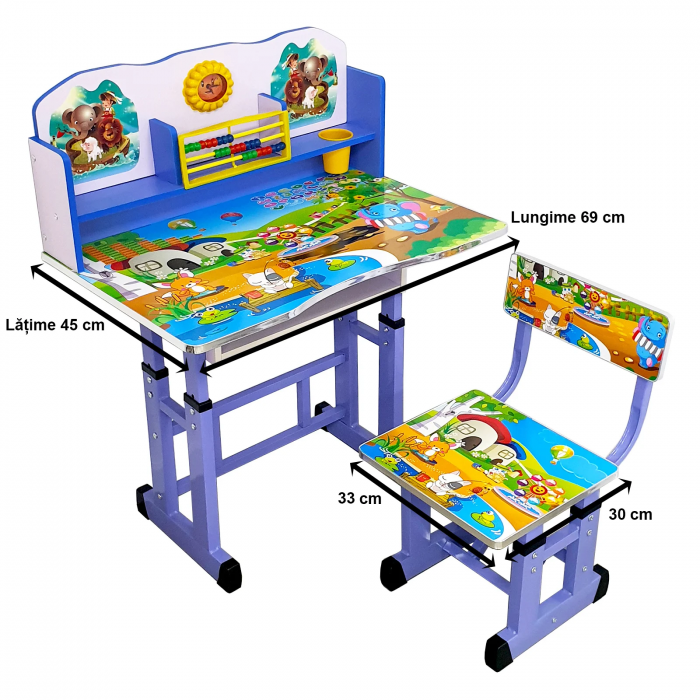 Set birou cu scaunel, albastru, metal si MDF, 69 x 45 cm, reglabil pe inălțime, 3 ani + [5]