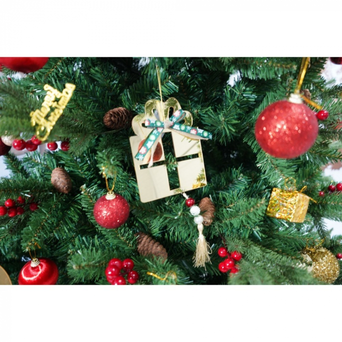 Set brad artificial de Craciun si elemente decorative, decorat cu conuri pin rosii, inaltime 210 cm, diametru 137 cm, 1172 ramuri, Flippy, verde, suport metalic inclus [4]