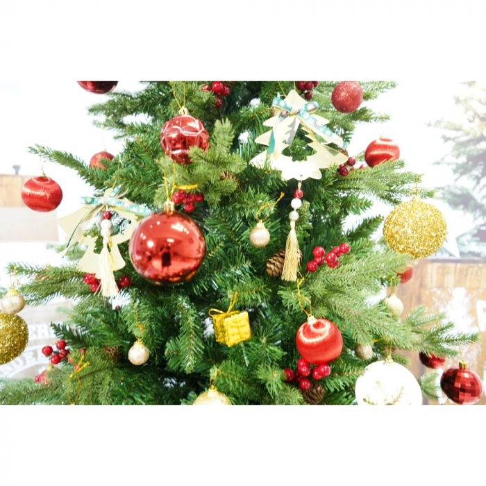 Set brad artificial de Craciun si elemente decorative, decorat cu conuri pin rosii, inaltime 210 cm, diametru 137 cm, 1172 ramuri, Flippy, verde, suport metalic inclus [3]
