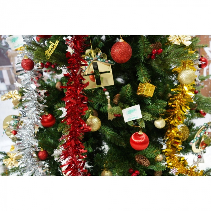 Set brad artificial de Craciun si elemente decorative, decorat cu conuri pin rosii, inaltime 210 cm, diametru 137 cm, 1172 ramuri, Flippy, verde, suport metalic inclus [6]