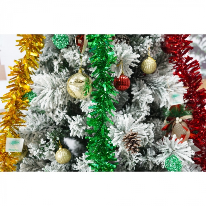 Set brad artificial de Craciun si elemente decorative, nins, decorat cu conuri pin, pentru interior/exterior, inaltime 210 cm, diametru 131 cm, 630 ramuri, Flippy, alb/verde, suport metalic inclus [3]