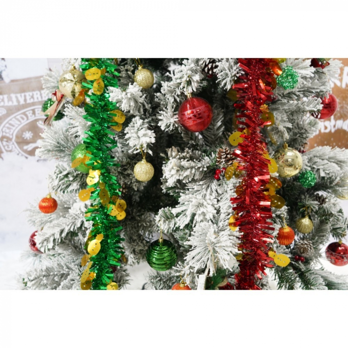 Set brad artificial de Craciun si elemente decorative, nins, decorat cu conuri pin, pentru interior/exterior, inaltime 210 cm, diametru 131 cm, 630 ramuri, Flippy, alb/verde, suport metalic inclus [6]