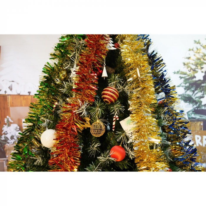 Set brad artificial de Craciun si elemente decorative, nins, decorat cu conuri pin, pentru interior/exterior, inaltime 210 cm, diametru 147 cm, 1150 ramuri, Flippy, verde, suport metalic inclus [3]