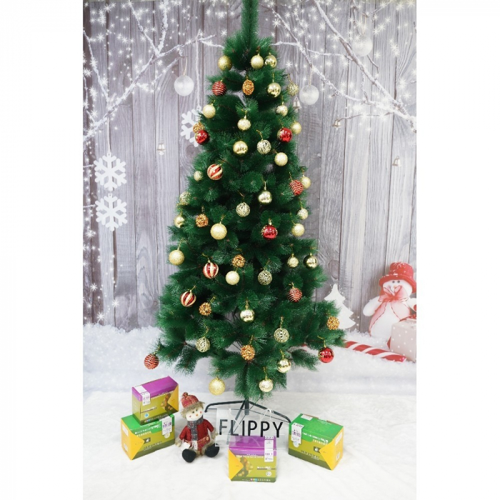 Set brad artificial de Craciun si elemente decorative tip pin, inaltime 210 cm, diametru 115 cm, 350 ramuri cu ace 3D 12 cm, Flippy, verde, suport metalic inclus [1]