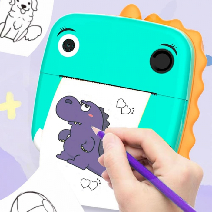 Set Camera Instantanee pentru Copii, Flippy, Ecran HD 2.4'', 24MP, 1200 mAh, cu Functie de Printare Alb-Negru, cablu USB-C, Bluetooth, Compatibil iOS/Android, Model Dinozaur, Turcoaz [8]