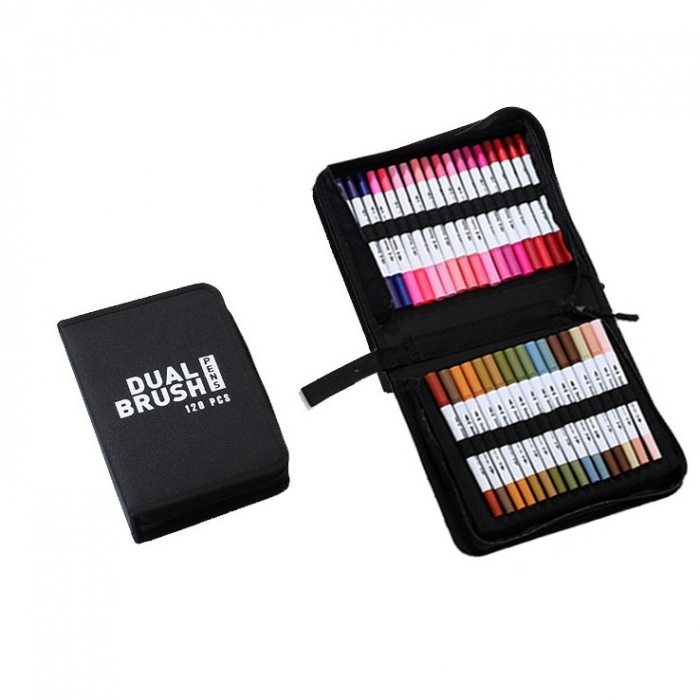 Set Carioci pe Baza de Apa, Flippy, 2 in 1, pentru Pictura, Caligrafie, 120 Culori, Penar Negru, Corp Carioca Alb, 27.5 x 19.5 x 8 cm, Multicolor [1]