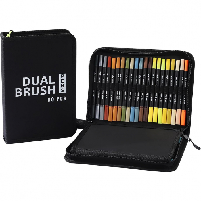 Set Carioci pe Baza de Apa, Flippy, 2 in 1, pentru Pictura, Caligrafie, 60 Culori, Penar Negru, Corp Carioca Negru, 26.5 x 17.5 x 4.5 cm, Multicolor [1]