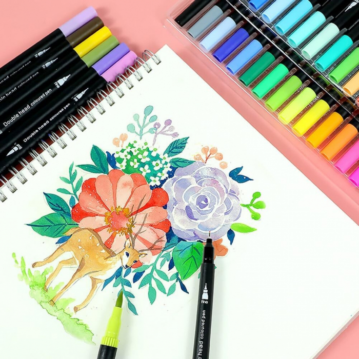 Set Carioci pe Baza de Apa, Flippy, 2 in 1, pentru Pictura, Caligrafie, 72 Culori, Penar Negru, Corp Carioca Negru, 24.5 x 18.5 x 5 cm, Multicolor [3]