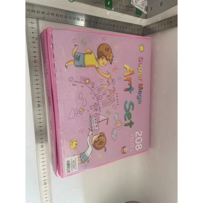 Set Complet pentru Desen si Pictura, Flippy, 208 Piese, Creioane, Markere, Acuarele cu Apa si Ulei, Pixuri, Hartie de Desen, Radiera, Ascutitoare, Radiera, Suport pentru Planse, Roz, Cutie Mica, Engli [2]