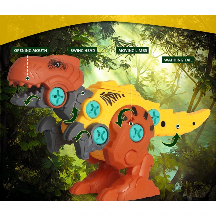 Set constructie, 4 Dinozauri cu bormasina electrica, surubelnita si cutie depozitare, 22 cm [5]