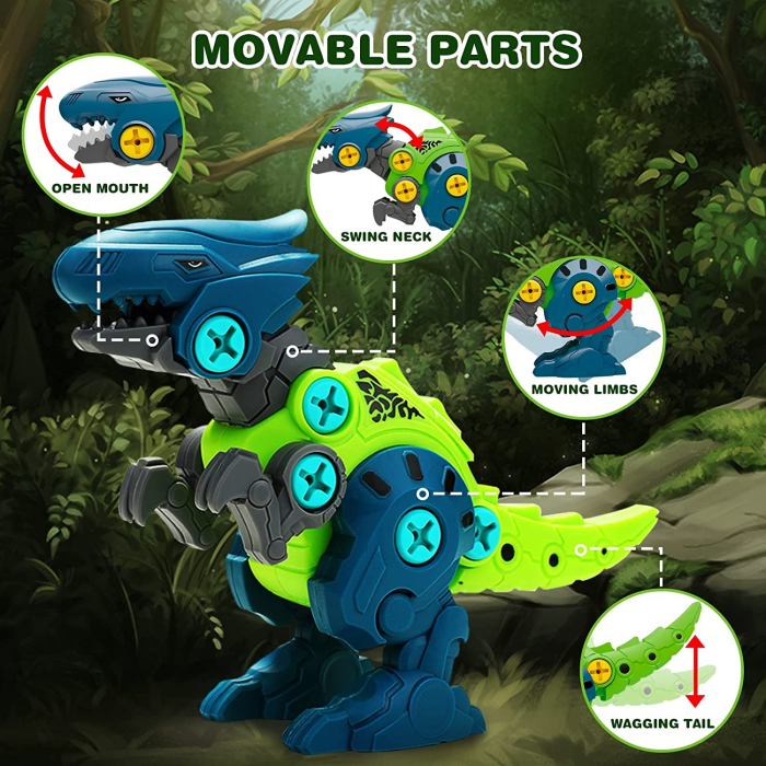 Set constructie, 4 Dinozauri cu bormasina electrica, surubelnita si cutie depozitare, 22 cm [4]