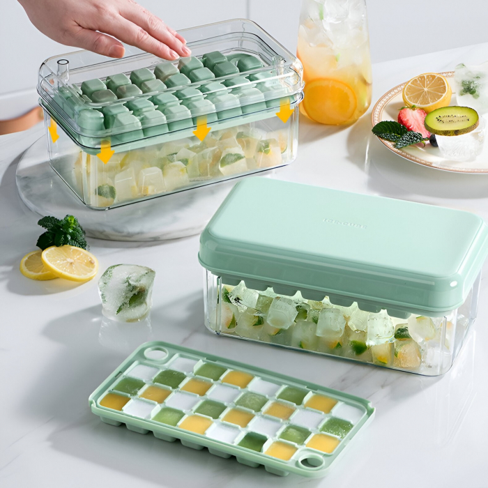 Set Cutie pentru Gheata, Flippy, Uz Casnic, 1 Tavita pentru Cuburi, Capac Etans, Lopata, 23.5x13.3x10 cm, Verde [10]
