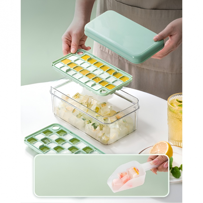 Set Cutie pentru Gheata, Flippy, Uz Casnic, Doua Tavite pentru Cuburi, Capac Etans, Lopata, 23.5x13.3x10 cm, Verde [3]