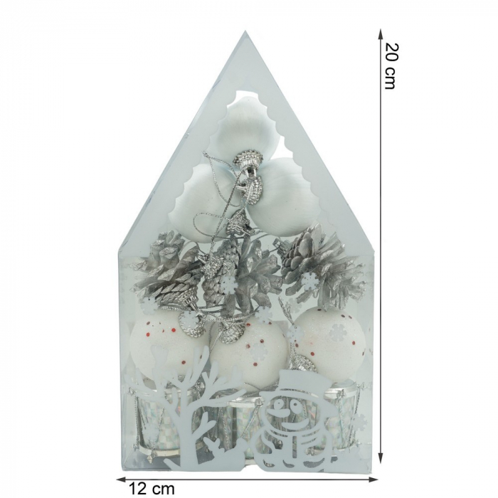 Set de 12 ornamente de brad, Flippy, de tip Glob, Alb/ Argintiu, din polistiren, cu finisaj sclipitor , cutie  4  cm adancime x 20  cm inaltime x 12  cm lungime) [11]