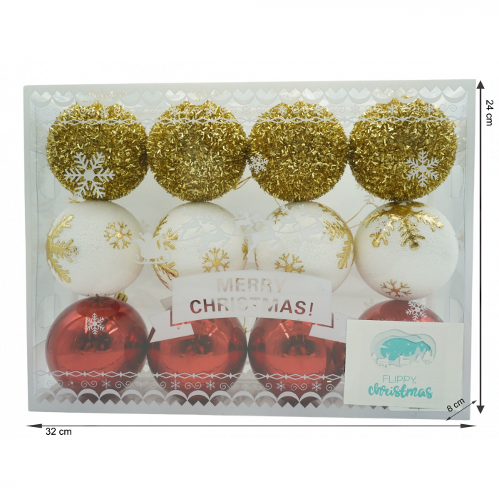 Set de 12 ornamente de brad, Flippy, de tip Glob, Alb/ Rosu, din polistiren, cu finisaj sclipitor , cutie  8  cm adancime x 32  cm lungime x 24  cm inaltime [6]